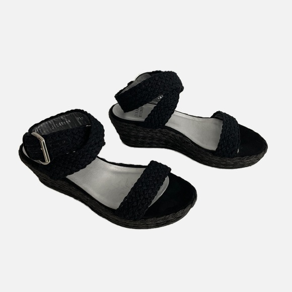 Stuart Weitzman Alex lo Wedge Espadrille Strappy Sandals Size 7.5 Black Woven - Picture 14 of 14